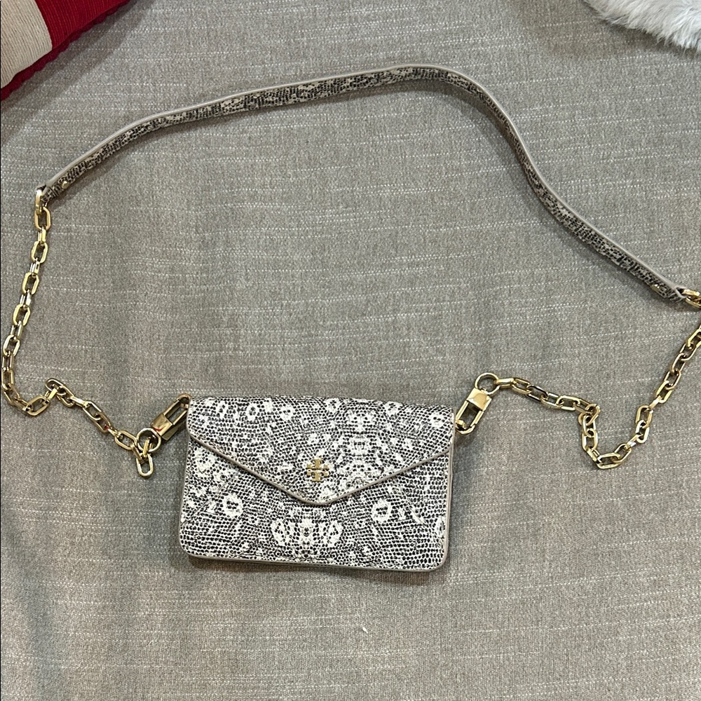Tory Burch Snake-Embossed Crossbody Wallet with Gold Chain